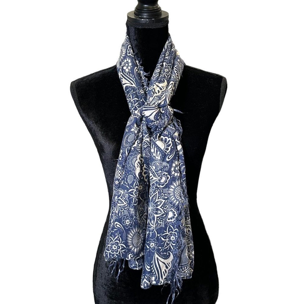 Unbranded Scarf Womens Long Rectangle Blue White Floral Wrap Lightweight Fringe